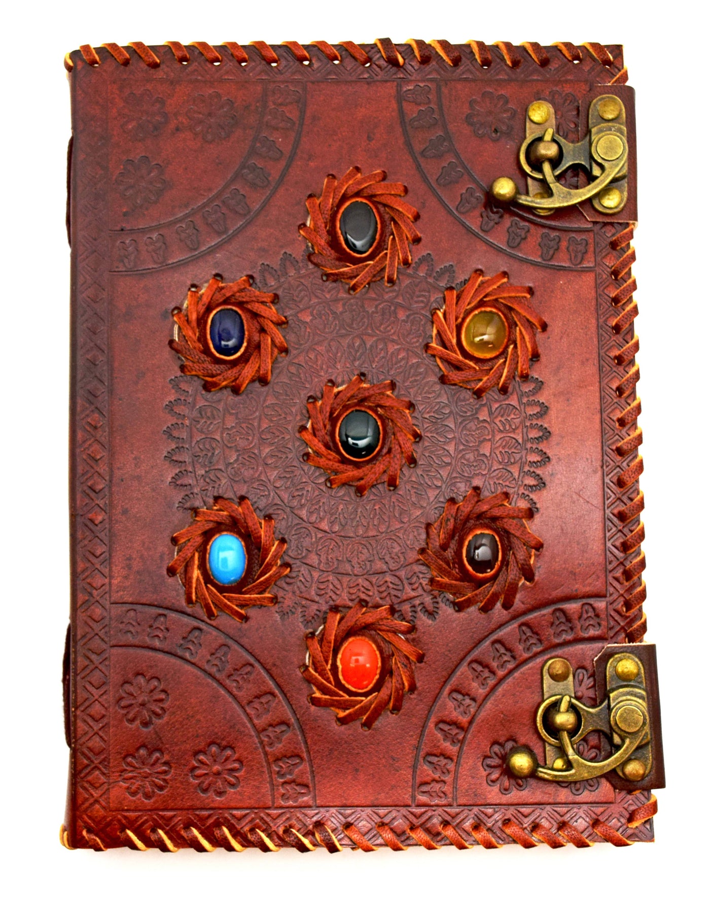 7 x 10 inch Leather Embossed Journal with genuine Chakra sto