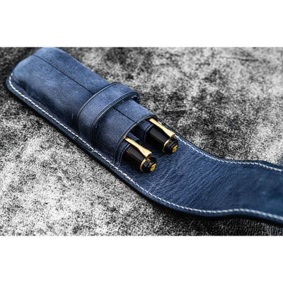 Galen Leather 2 Pen Flap Case - Crazy Horse Navy Blue | Atlas Stationers.