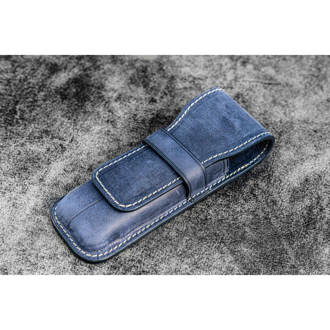 Galen Leather 2 Pen Flap Case - Crazy Horse Navy Blue | Atlas Stationers.