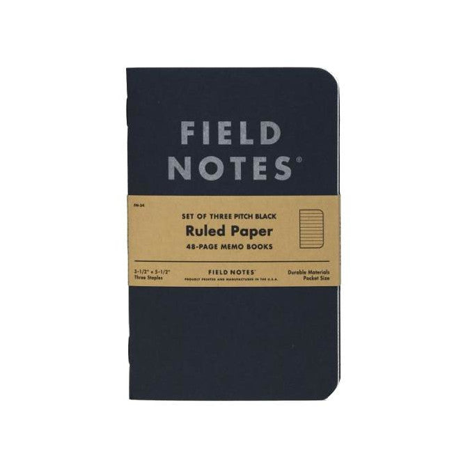 Field Notes Pitch Black Memo Book, Ruled, 3-Pack, 3-1/2" x 5-1/2" | Atlas Stationers.