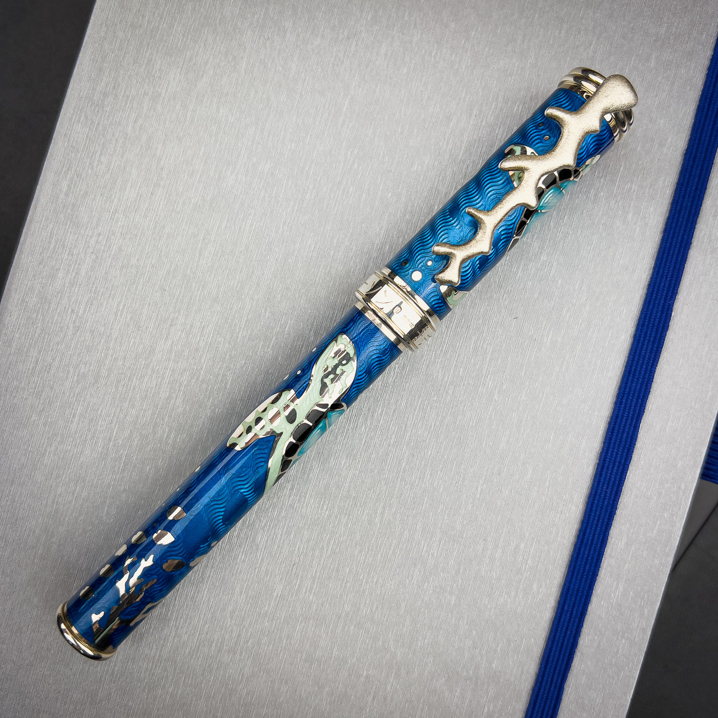 David Oscarson Sea Turtle Fountain Pen - Blue w/ Silver | Atlas Stationers.