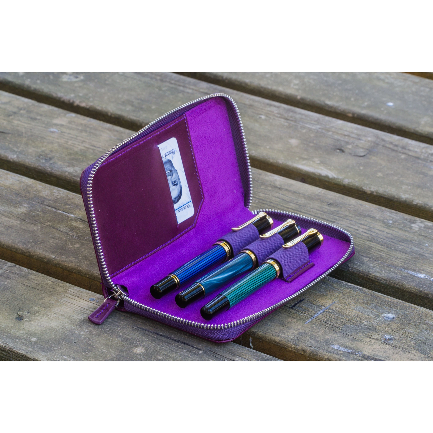 Galen Leather 3 Pen Zipper Case - Purple | Atlas Stationers.