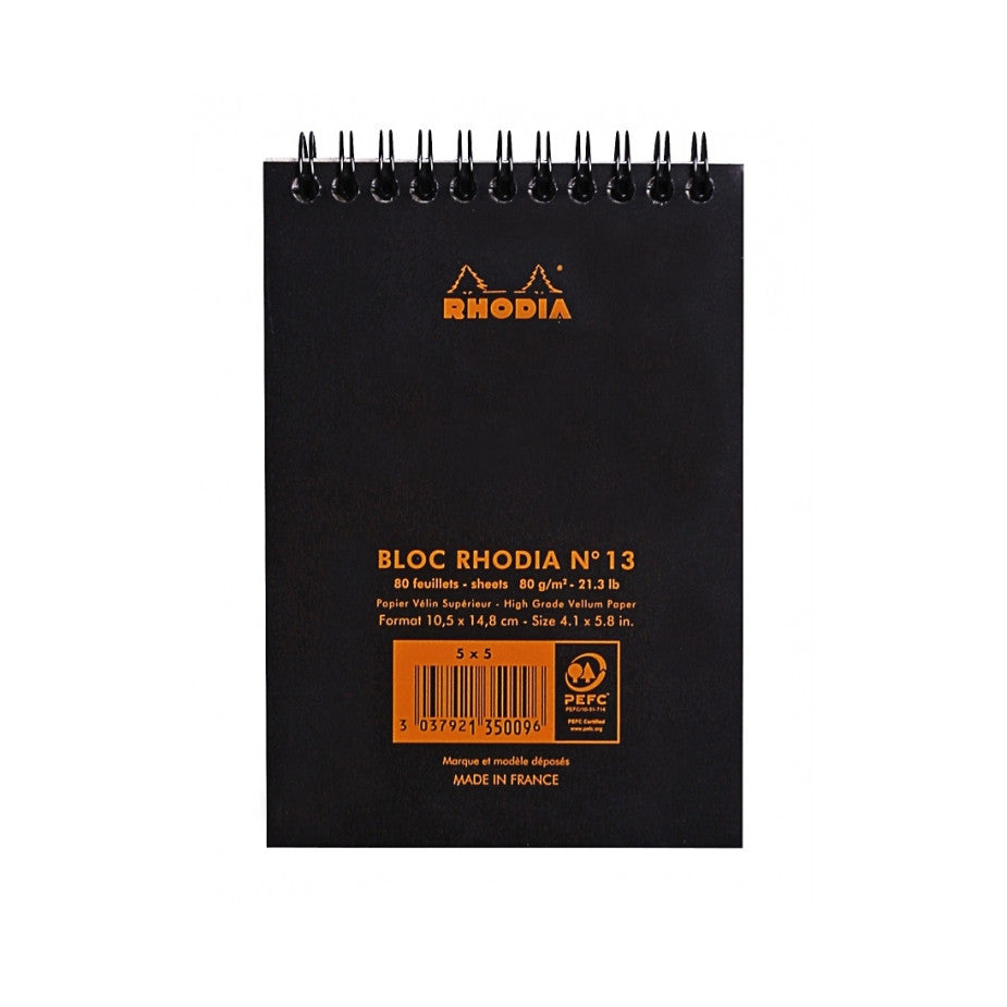 Rhodia Wirebound Notepad - Graph 80 sheets - 4 x 6 - Black cover | Atlas Stationers.