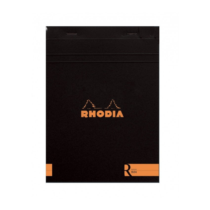 Rhodia "R" Premium Stapled Notepad - Lined 70 sheets - 6 x 8 1/4 - Black cover | Atlas Stationers.