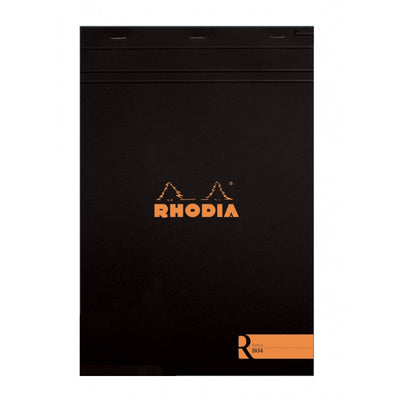 Rhodia "R" Premium Stapled Notepad, Lined, Black Cover, 8 14" x 11 3/4" | Atlas Stationers.