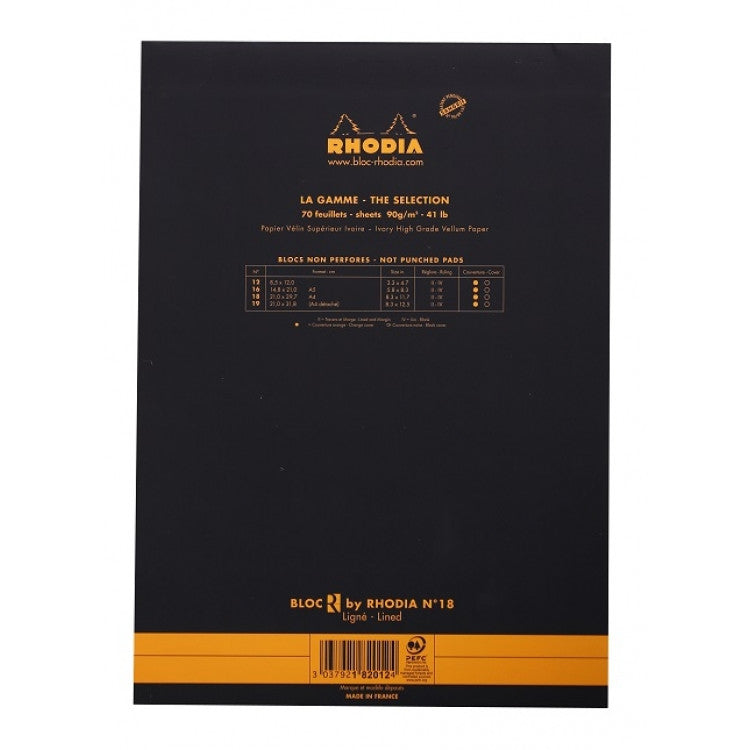 Rhodia "R" Premium Stapled Notepad, Lined, Black Cover, 8 14" x 11 3/4" | Atlas Stationers.