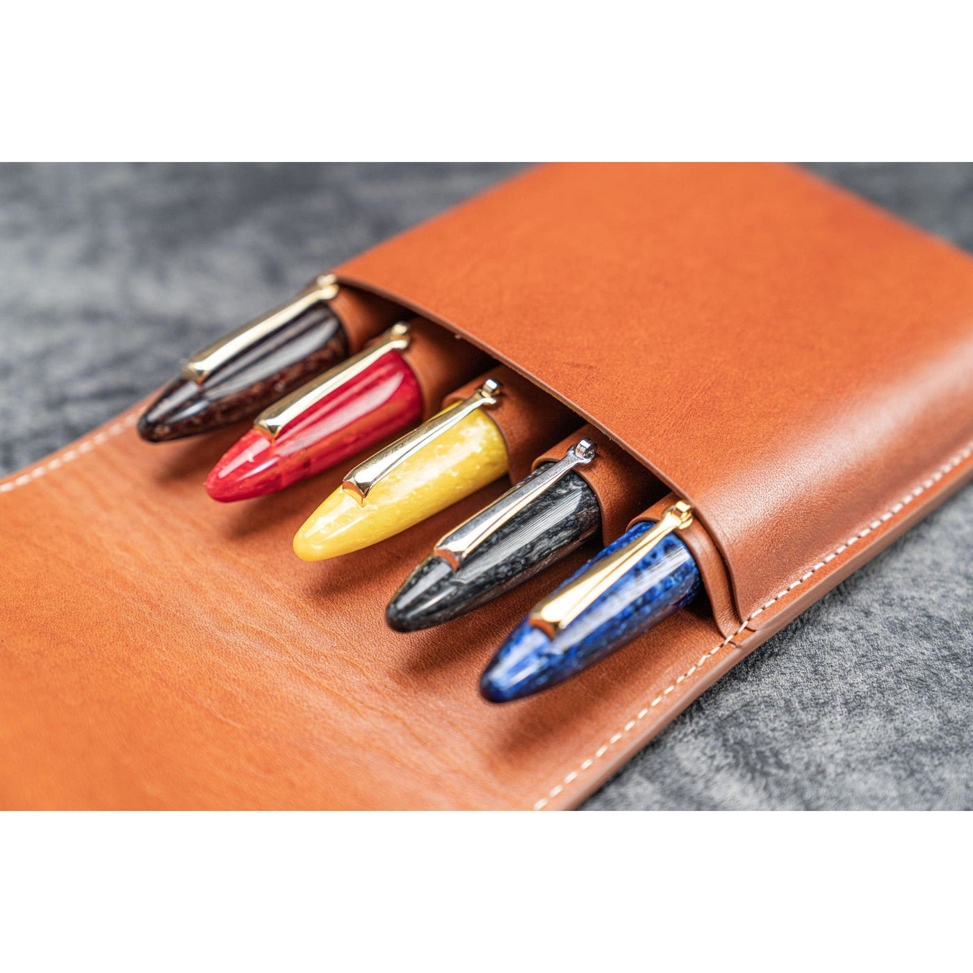 Galen Leather 5 Pen Flap Case - Brown | Atlas Stationers.