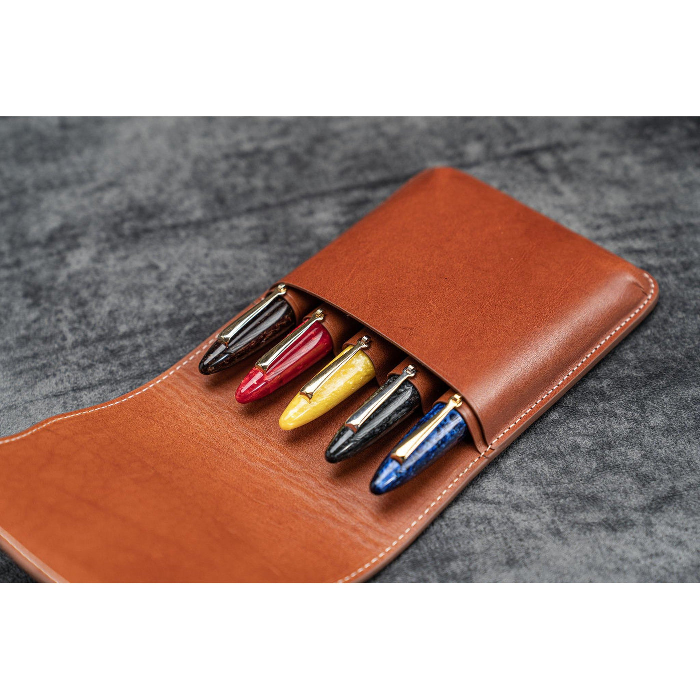 Galen Leather 5 Pen Flap Case - Brown | Atlas Stationers.