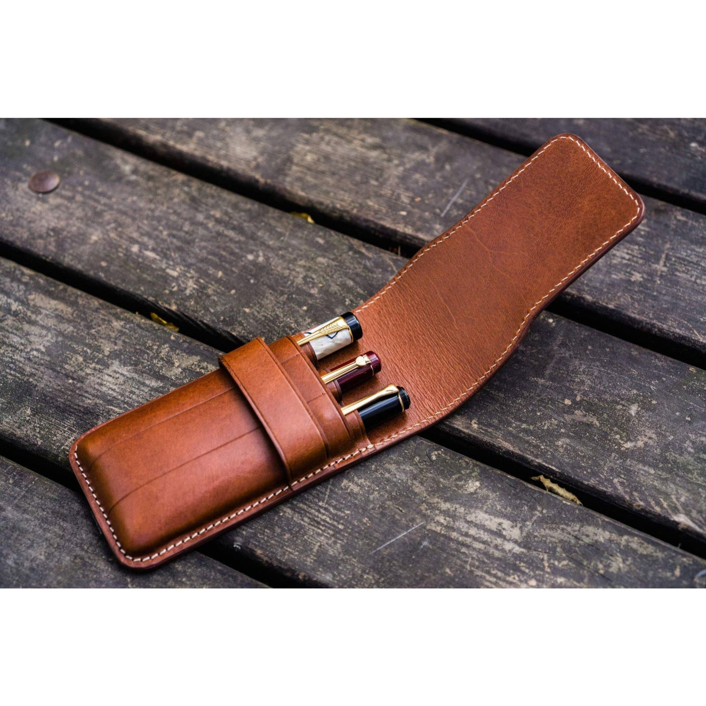 Galen Leather 3 Pen Flap Case - Brown | Atlas Stationers.