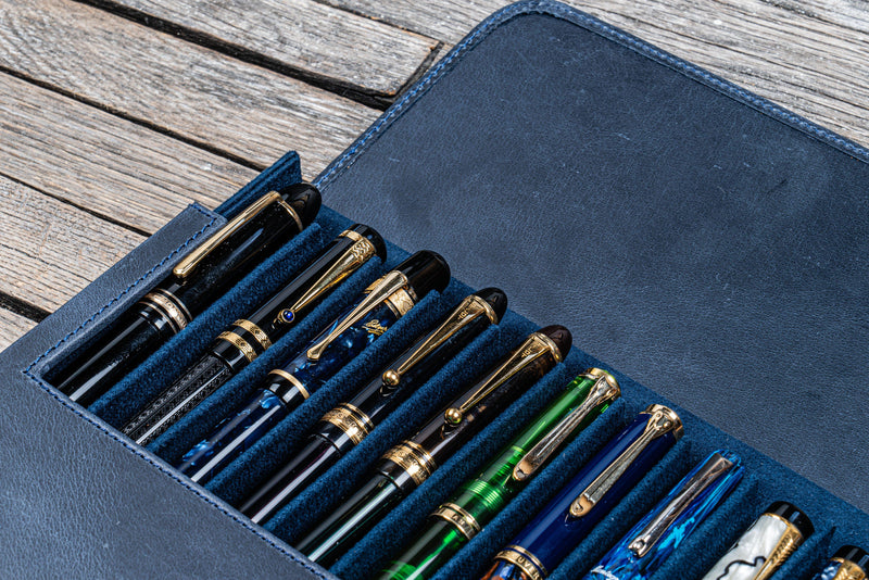 Galen Leather Magnum Opus 12 Slot Pen Case - Crazy Horse Navy Blue | Atlas Stationers.