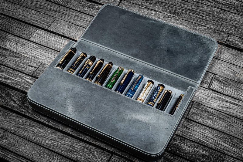 Galen Leather Magnum Opus 12 Slot Pen Case - Crazy Horse Smoky Grey | Atlas Stationers.