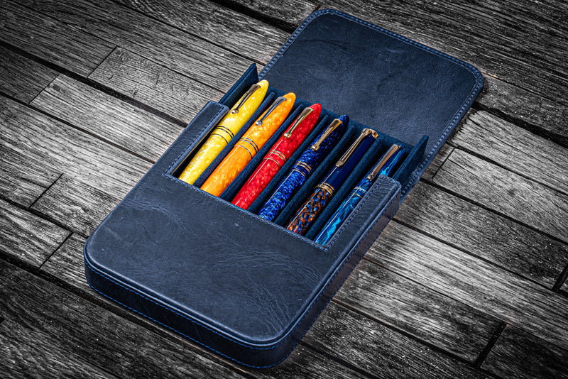 Galen Leather Magnum Opus 6 Slot Pen Case - Crazy Horse Navy Blue | Atlas Stationers.