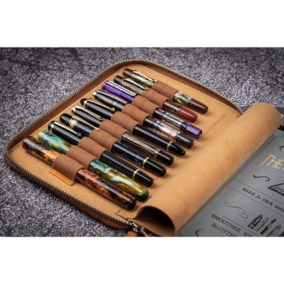 Galen Leather 10 Pen Zipper Case with A5 Notebook Holder - Crazy Horse Brown | Atlas Stationers.