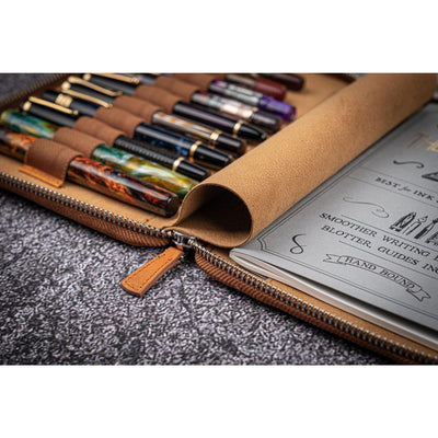 Galen Leather 10 Pen Zipper Case with A5 Notebook Holder - Crazy Horse Brown | Atlas Stationers.