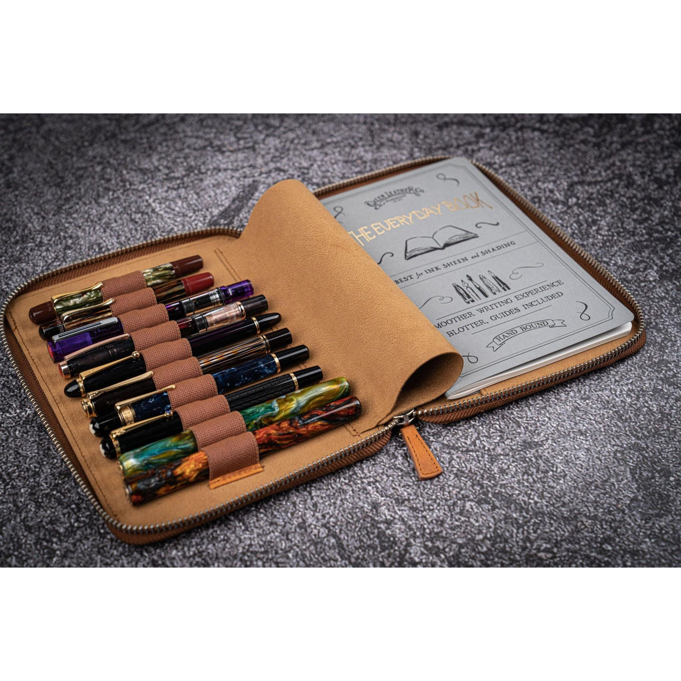 Galen Leather 10 Pen Zipper Case with A5 Notebook Holder - Crazy Horse Brown | Atlas Stationers.