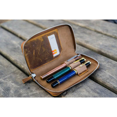 Galen Leather 3 Pen Zipper Case - Crazy Horse Brown | Atlas Stationers.