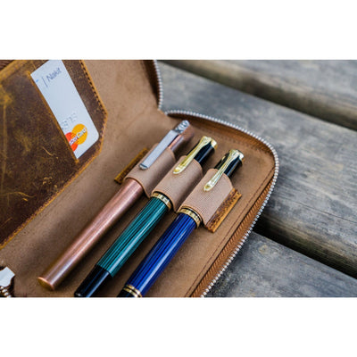 Galen Leather 3 Pen Zipper Case - Crazy Horse Brown | Atlas Stationers.