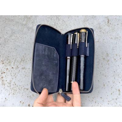 Galen Leather 3 Pen Zipper Case - Crazy Horse Navy Blue | Atlas Stationers.