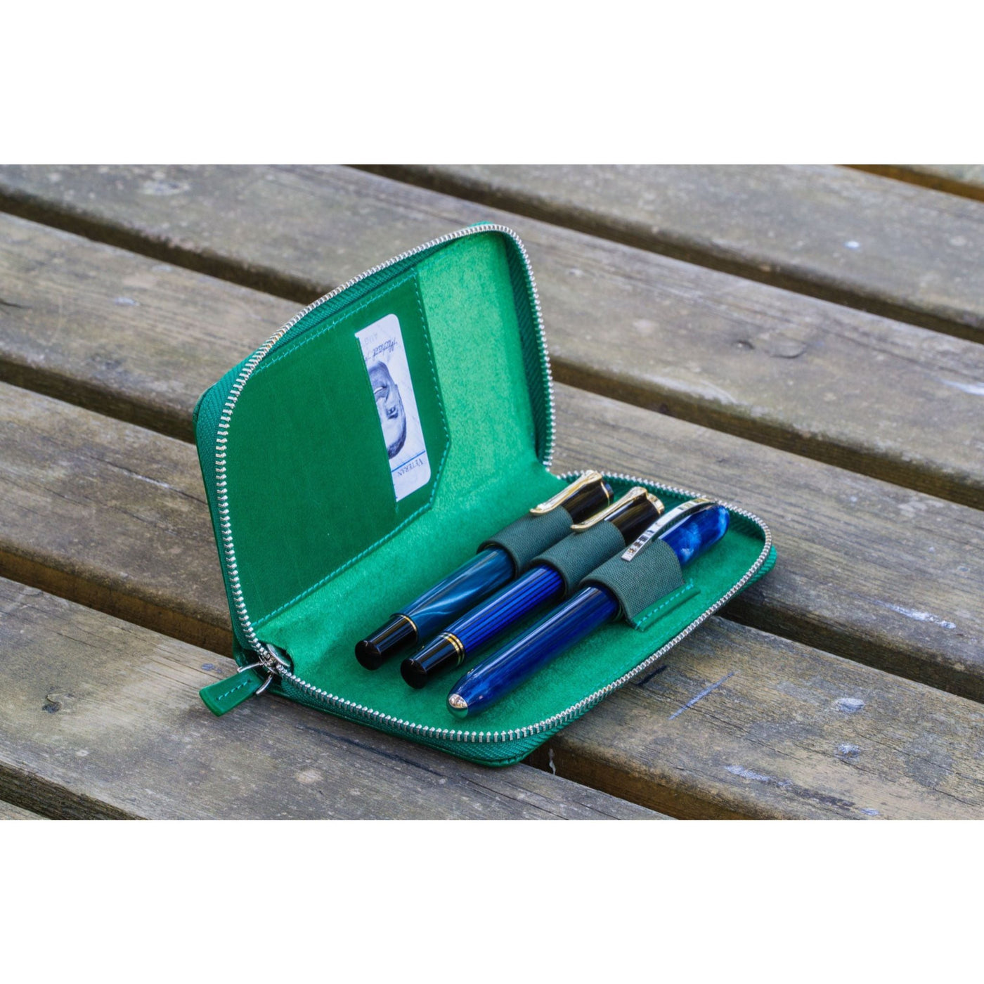 Galen Leather 3 Pen Zipper Case - Green | Atlas Stationers.