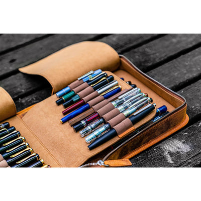 Galen Leather 40 Pen Zipper Case - Crazy Horse Brown | Atlas Stationers.